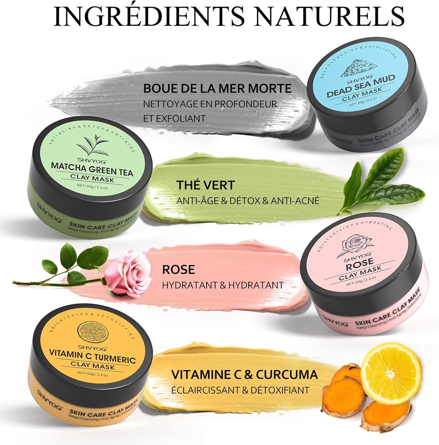 NAYA SKIN – Kit Masques Visage Bio : Curcuma, Argile Verte & Rose, Boue Minérale, 240g