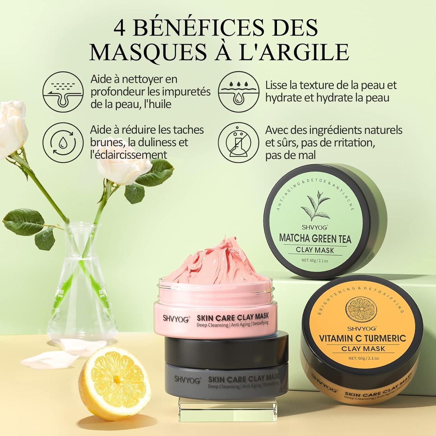 NAYA SKIN – Kit Masques Visage Bio : Curcuma, Argile Verte & Rose, Boue Minérale, 240g