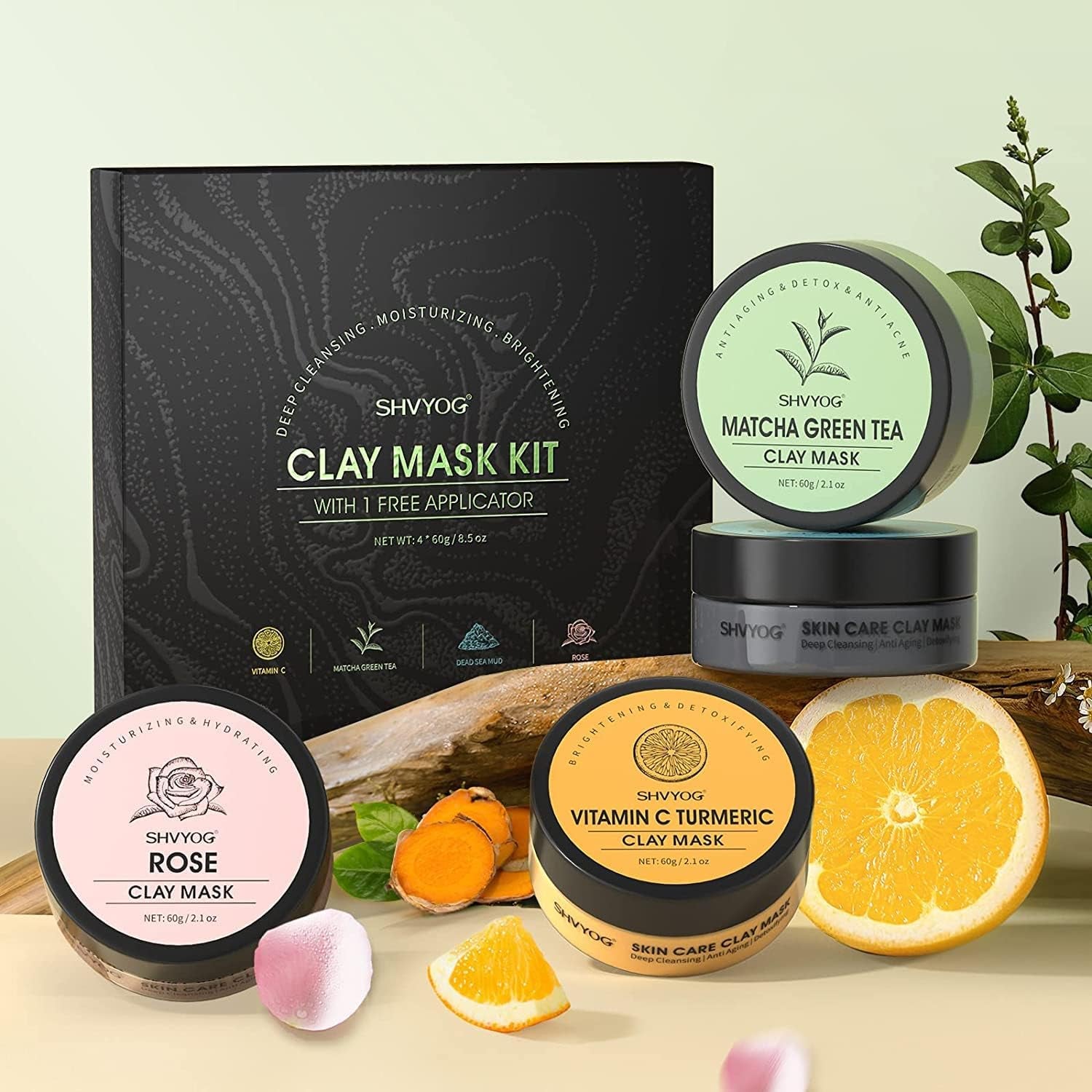 NAYA SKIN – Kit Masques Visage Bio : Curcuma, Argile Verte & Rose, Boue Minérale, 240g